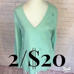 New York & Company Aqua Rhinestone V-Neck Snowflake sweater
